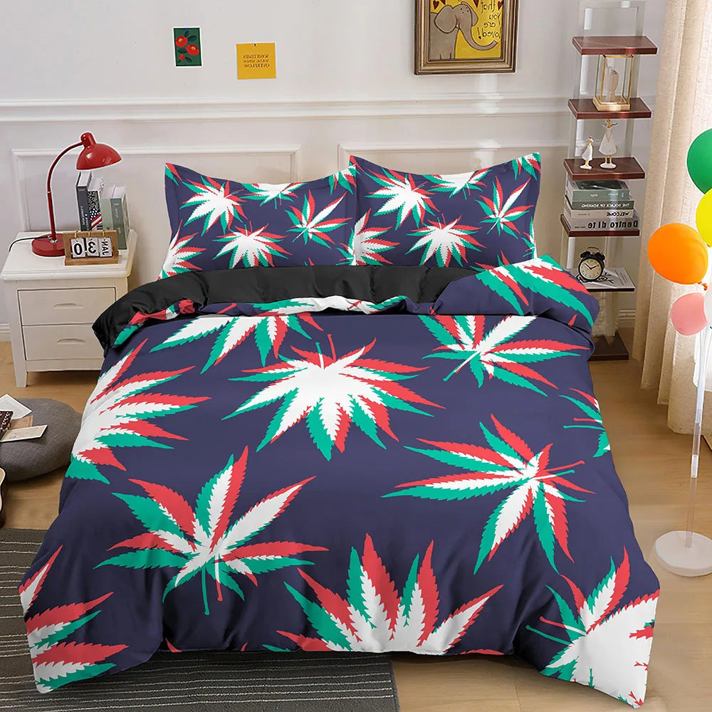 Conjunto de cama de folha de erva psicodélica colorida