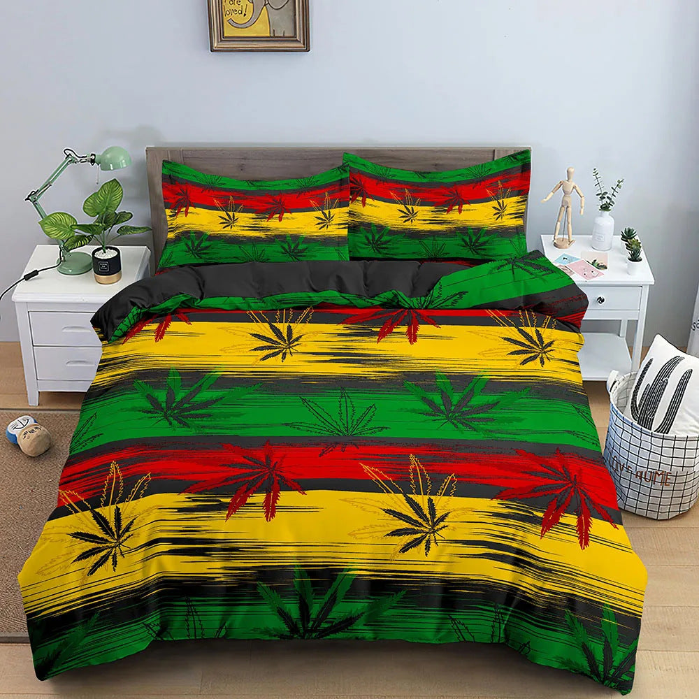 Conjunto de cama de folha de erva psicodélica colorida